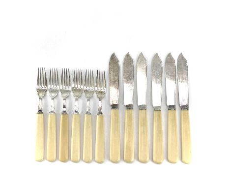 An Edwardian silver and ivory fish knife and fork set for six, Sheffield 1908, weight 600g.***This lot is made from or contai