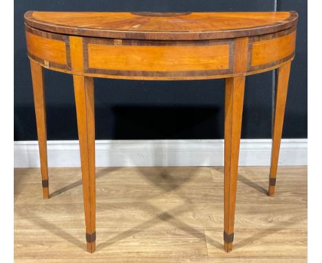 A 19th century rosewood crossbanded satinwood demilune card table, 72cm high, 96cm wide, 45.5cm deep 