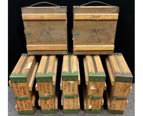 A 7.62mm cartridge ammunition box, metal bound corners,  probably South African, others conforming (7) 