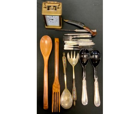 A brass carriage clock, white dial, 14cm high;  miniature Kukri knife,  horn handled spoons  two pairs of indistinctly marked