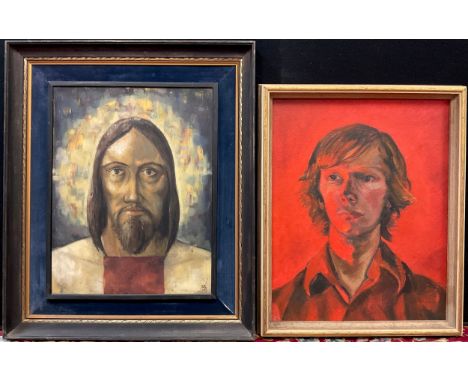 Enid Sewell, Study in red, portrait of a young man, signed, oil on board, 49cm x 38.5cm;  another, portrait of Christ, signed