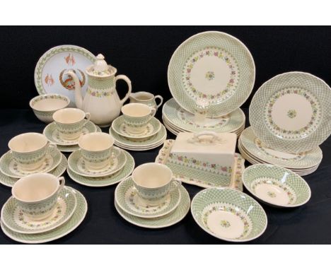 Mason ‘Madrigal’ pattern part table service for six; six tea cups and saucers, side plates, milk jug, sugar bowl, six dinner 