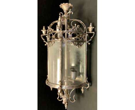 A silver and clear glass pendant lantern light fitting, four light interior, 68cm drop, 27cm diameter 