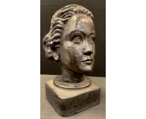 A portrait bust of a young lady, Sophie Hook Irmgard, black painted plaster, 36,5cm high, mid 20th century. 