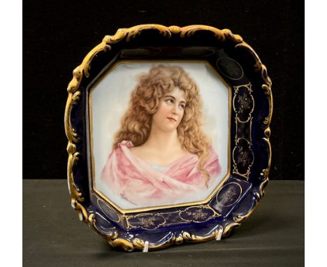 A 20th century continental porcelain canted square bowl, decorsated with a portrait of a curly raven haired maiden, signed E 