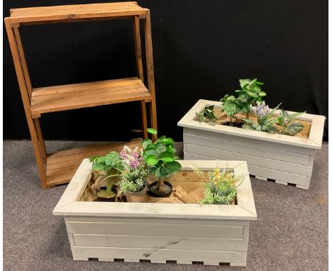 A pair of rectangular painted pine planters, 32.5cm high, 83cm long, 41cm wide,;  rustic two tier shelf unit, 99cm high, 71.5