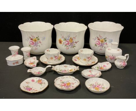 Royal Crown Derby  - a trio of Posies pattern planters, (2 seconds)  mallet vase, trinket dishes, cream jug, strainer on stan