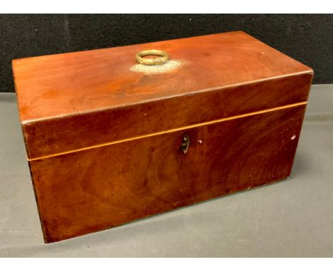 A large George III mahogany rectangular tea caddy, hinged cover enclosing a bowl aperture and a pair of lidded compartments, 