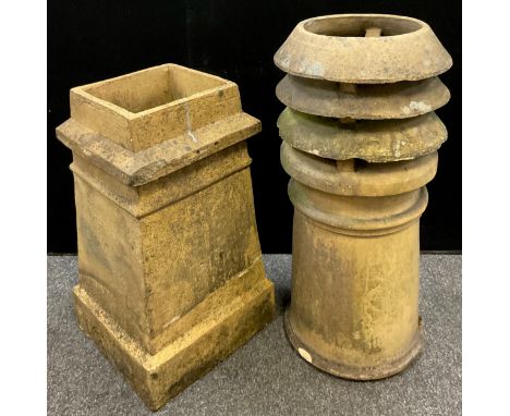Architectural salvage - a triple Louvre buff coloured chimney pot, 73cm high x 35cm wide;  a square-shaped chimney pot, 61cm 