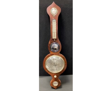 A 19th century mahogany wheel barometer, onion shaped shaped cresting, silvered resister hygrometer, alcohol thermometer, con