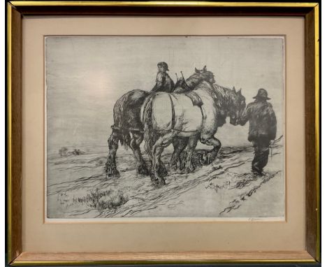Frederick Cecil Jones (bn. 1891), ‘Heavy Horses, and a light load’, signed in pencil to lower right margin, dry point etching