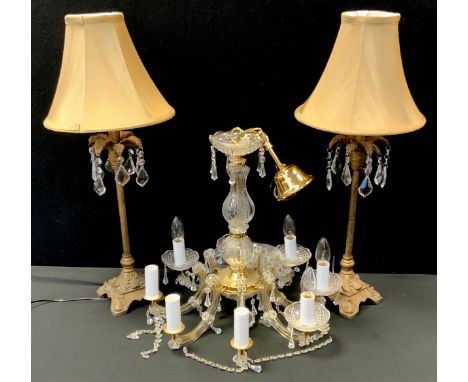 A Bohemian style eight-branch light chandelier light, 46cm high  , a pair of bronzed metal lamp, glass lustre decoration,68cm