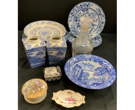 19th century blue and white pedestal bowl,27cm dia, another, Spode Italian bowl, trinket dishes including Royal Crown Derby ‘