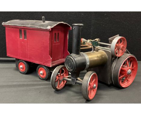 A Mamod TE1A Live Steam engine, brass body,  rubber ring tracked front and rear wheels., no canopy, with scratch built wooden