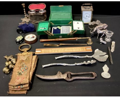 Boxes and objects - a twin set of silver metal salad spoons shaped as twigs and leaves, 26cm long, mother of pearl tea caddy 