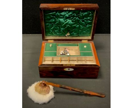 A Victorian Rosewood jewellery box, fitted interior, 25cm x 18cm x 11cm;  faux Tortoiseshell swan down tipped powder pouffe, 