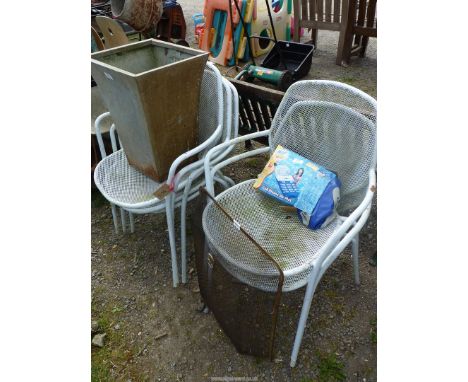 Five metal chairs, plant pot, fireguard etc.
