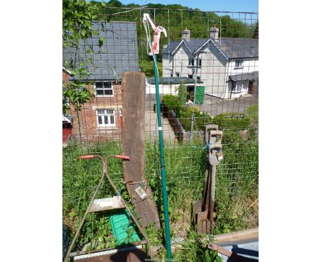 An Oak hand rail, 3.5 m. long approx. and old Oak Door Arch, 4' long and a long reach lopper.