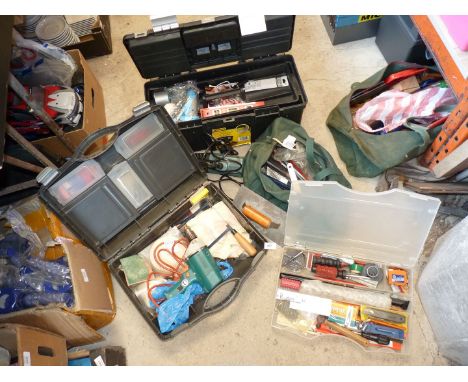 A "Stanley" tool box and contents, a green canvas bag and contents, another toolbox, power tools etc.