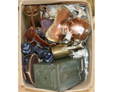 A brass and copper 'diver's helmet' clock, a Pyrene brass fire extinguisher and sundry items, including brass blow torches, a