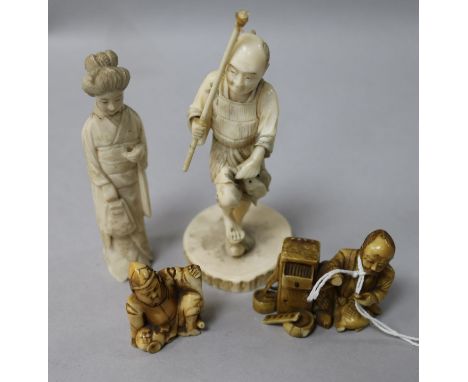 Three Japanese ivory figures and a netsuke