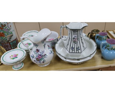 A jug and basin, a part toilet set and Majolica jugs