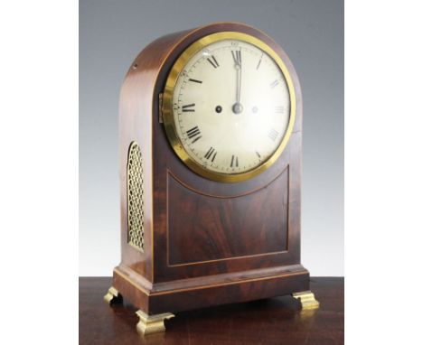 A Regency boxwood strung mahogany mantel clock, with twin fusee movement signed Brockbanks, London, 17.25in.