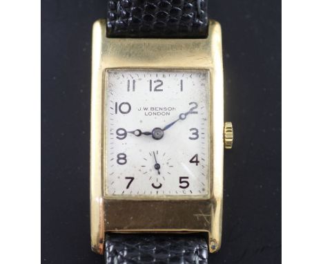 A gentleman's 1930's 9ct gold J. W. Benson manual wind wrist watch, with rectangular Arabic dial and subsidiary seconds, on l