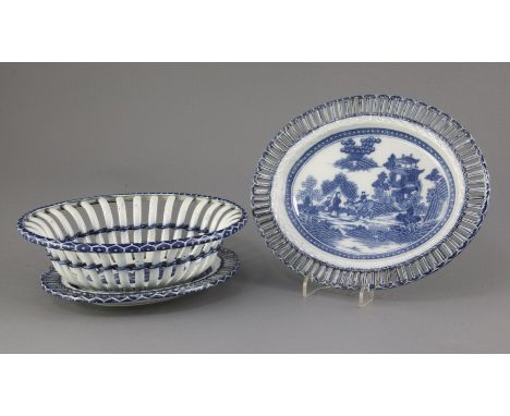 A blue and white pearlware 'Boy on a Buffalo' pattern chestnut basket and two stands, attributed to Spode c.1795, factory mar