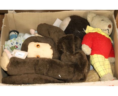 A monkey pyjama case, two Knickerbocker Toy Co. Hobbie dolls, various soft toys, inc elephant, panda, teddies, Rupert Bear, e