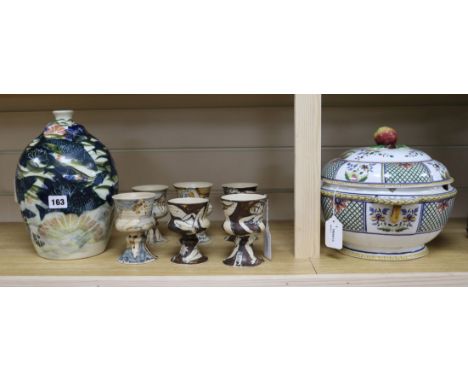 A set of six Yolande Beer stoneware goblets, decorated with nude figures, a Gwili pottery lamp base and a Sarreguemines turee