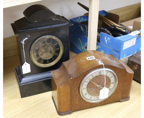 A slate mantel clock and oak cased mantel clock