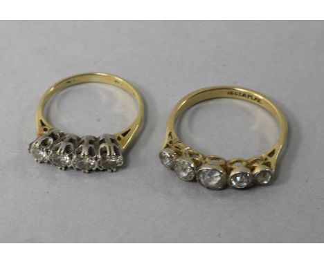 An 18ct gold and platinum graduated five stone diamond ring and a gold and four stone diamond ring, sizes O & K.