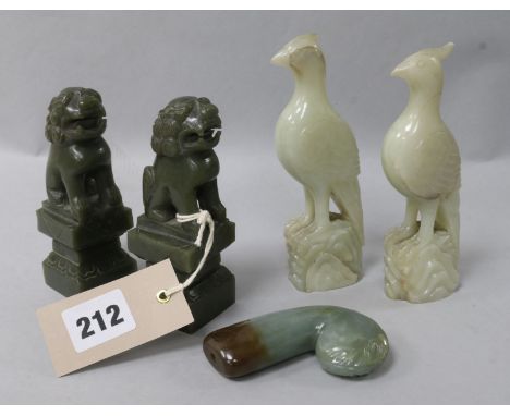 A pair of jade phoenix, a pair of similar lions and a dagger handle