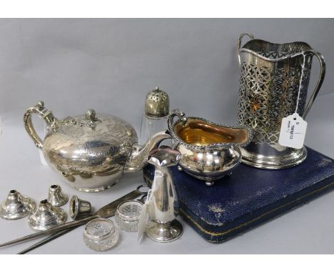 A silver specimen vase, pair of silver-mounted glass salts and sundry silver and plated items. including a teapot, cased serv