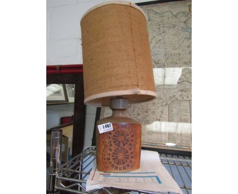 A 1960's retro pottery lamp base with hessian shade