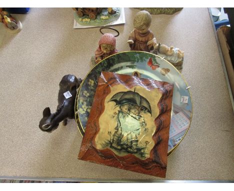 A Goebel donkey, three Goebel nativity figures, five Hummel collectors plates with certificates and a Goebel style plaque 