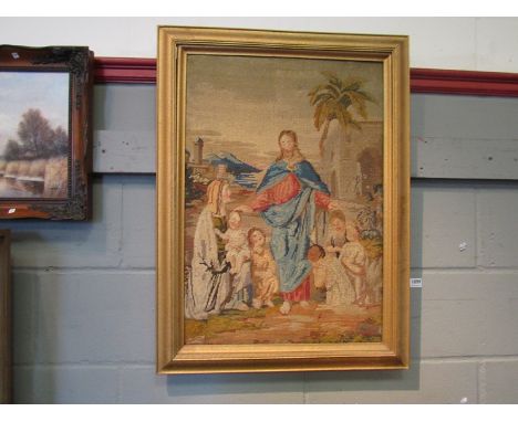 A 19th Century woolwork religious tapestry, framed, 69cm x 48cm