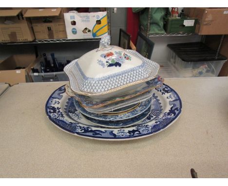 Mostly mixed 19th Century blue and white dinner wares including meat plate, tureen and serving plates including Davenport and