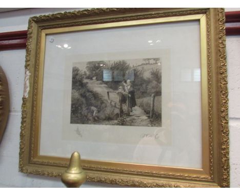 A lithograph after Walter Cot depicting a mother and children crossing a river, blind stamped and pencil signed, gilt framed 