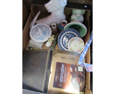 A mixed lot including Wedgwood "Blue Tapestry" lidded bowl, a plated cutlery set, ceramic boots, brass horse head door knocke