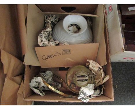 A brass oil lamp with shade, an industrial work lamp and another (3) 