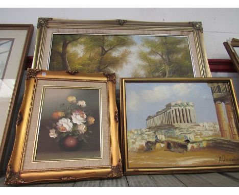 Four gilt framed oils including landscape, architectural and still-life