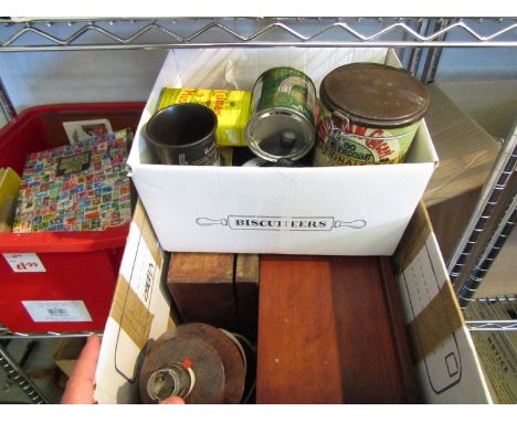 A bygone mahogany cash till, wooden lamp base and various tins including Colmans Mustard