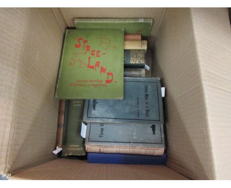 Two boxes containing a good quantity of works Jerome K. Jerome, including several first edition copies of 'Three Men in a Boa