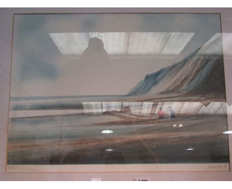 A signed limited edition (20/100) lithograph after JOHN BOND (b. 1945) coastal scene of two figures in hats sitting looking a