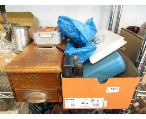 A bygone cash till, set of scales with weights, tins and ammunition etc