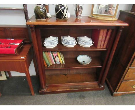 A Victorian mahogany and pine two shelf bookcase with column supports, 116cm high x 110cm wide