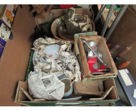 Two boxes of kitchenalia including enamel bread bin and soda stream 