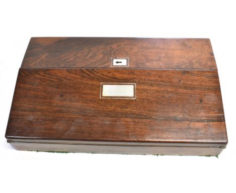 A ROSEWOOD CAMPAIGN STYLE WRITING SLOPE having a mother of pearl escutcheon, and a mother of pearl rectangular plaque, the hi